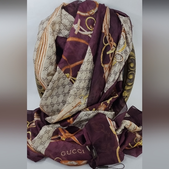 Gucci Silk Luggage Leather Strap & GG Logo Large Wrap Scarf Gray Burgund… - Picture 2 of 14